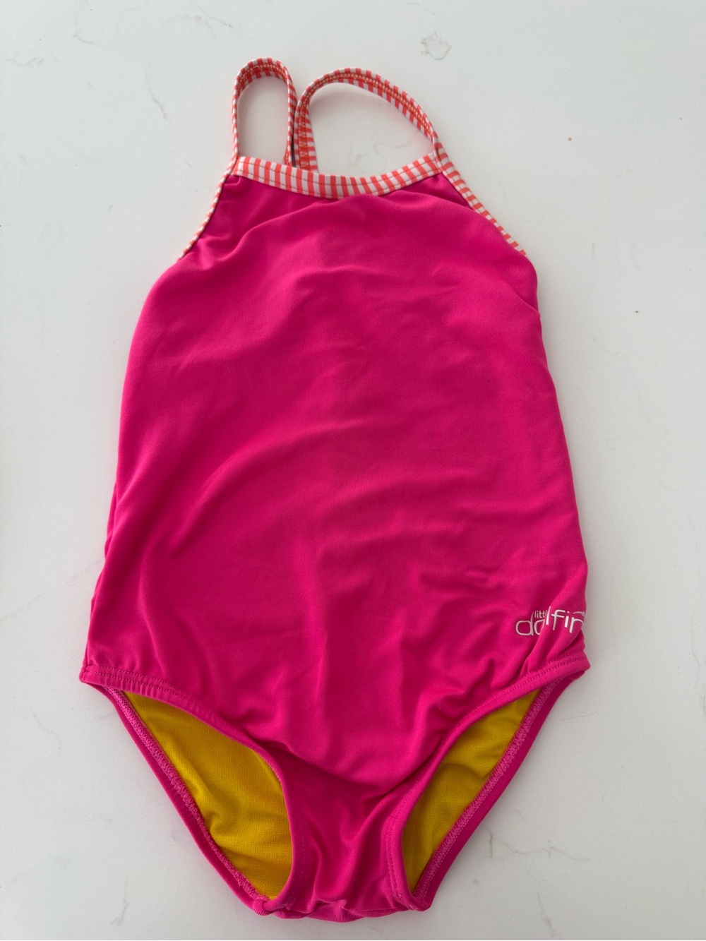 Dolfin Hot Pink Girls' One-Piece Swimsuit with Striped Straps, size 6